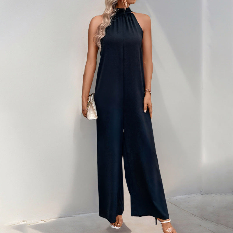 Damen eleganter Jumpsuit mit hohem Kragen und weitem Bein EB