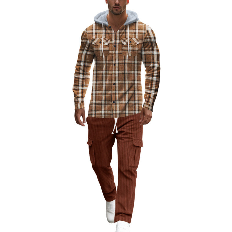 Herren gemusterte Kapuzenshirtjacke mit karierter Struktur und praktischen Taschen EB