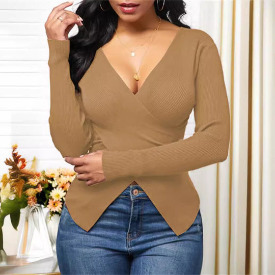 Damen Wickeloberteil mit tiefem V-Ausschnitt und feinem Rippdesign EB