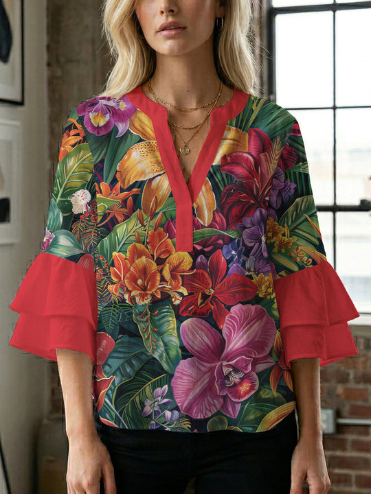Damen Bluse mit voluminösen Rüschenärmeln und floralem Muster EB