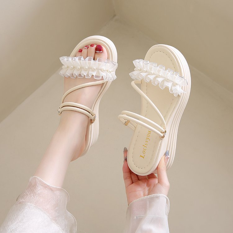 Damen Wedge-Sandalen mit Rüschen und Perlenverzierung EB