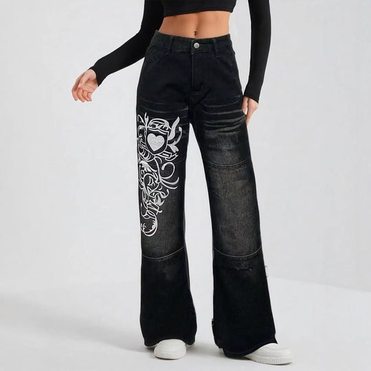 Damen weite Jeans mit kunstvollem Aufdruck EB