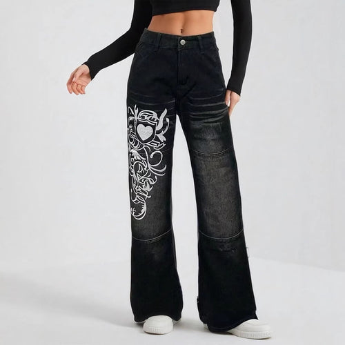 Damen weite Jeans mit kunstvollem Aufdruck EB
