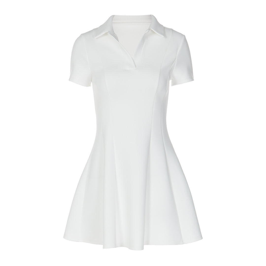 Damen Kurzarm Kleid mit modischem Polokragen und fließendem Schnitt EB