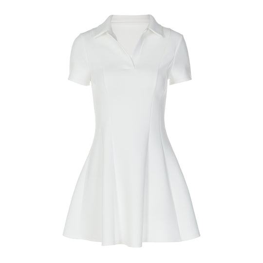 Damen Kurzarm Kleid mit modischem Polokragen und fließendem Schnitt EB