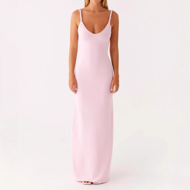 Damen Langarm-Maxikleid aus hochwertigem, elastischem Material mit tiefem V-Ausschnitt und eleganten Spaghetti-Trägern EB
