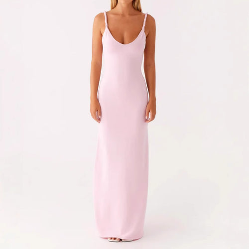Damen Langarm-Maxikleid aus hochwertigem, elastischem Material mit tiefem V-Ausschnitt und eleganten Spaghetti-Trägern EB