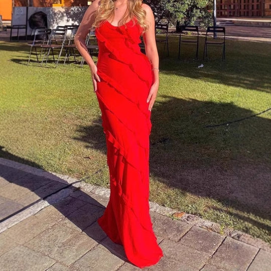 Damen Elegantes Maxikleid mit raffinierten Rüschendetails EB