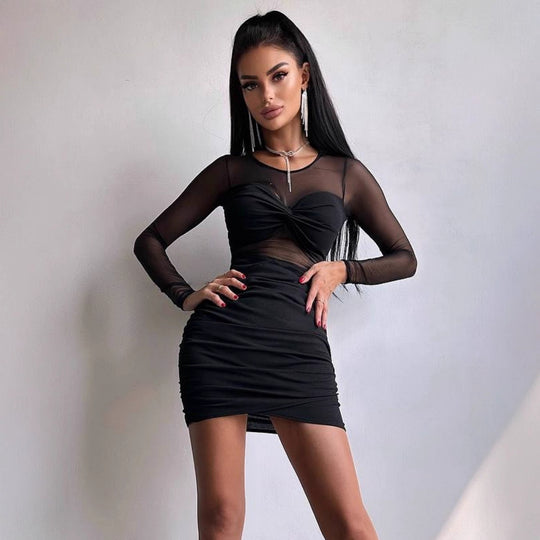 Damen figurbetontes Kleid mit langem Arm und raffiniertem Verknotungsdetail EB