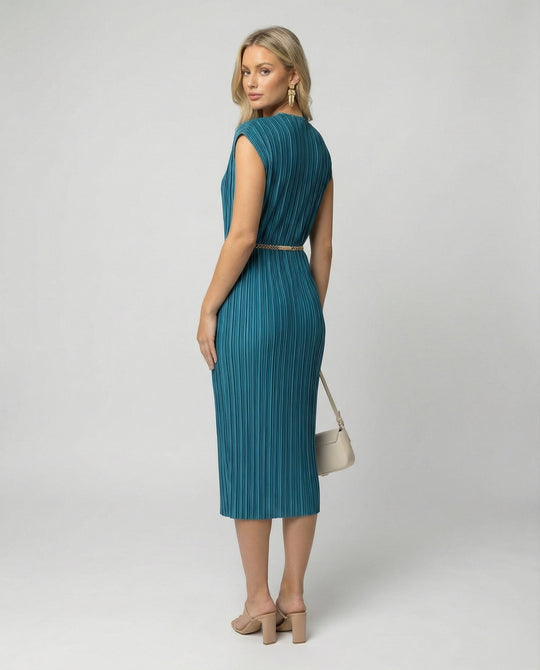 Damen plissiertes Midikleid mit V-Ausschnitt, Cap-Ärmeln und schmalem Taillengürtel EB