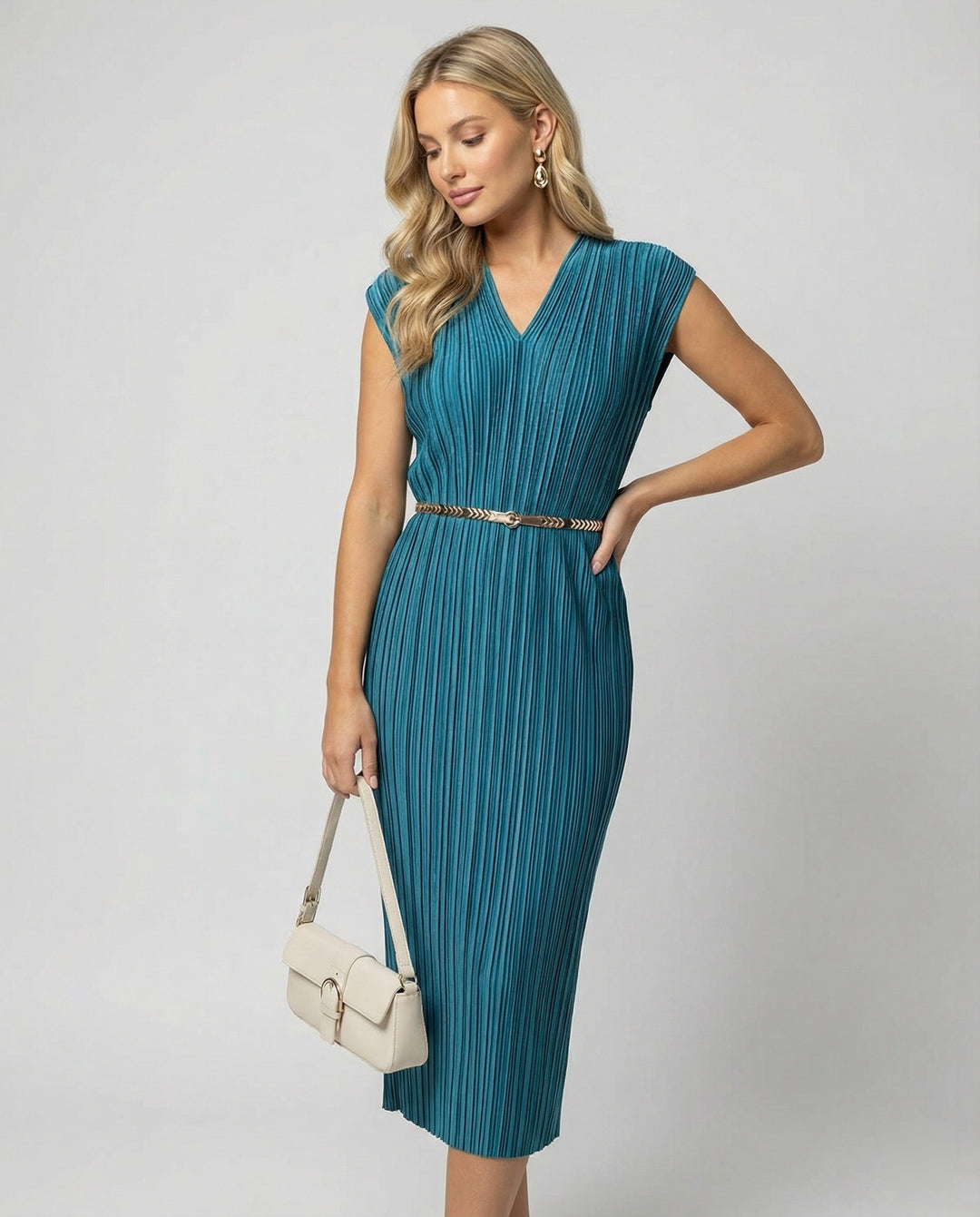 Damen plissiertes Midikleid mit V-Ausschnitt, Cap-Ärmeln und schmalem Taillengürtel EB