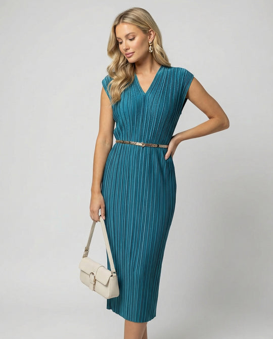 Damen plissiertes Midikleid mit V-Ausschnitt, Cap-Ärmeln und schmalem Taillengürtel EB
