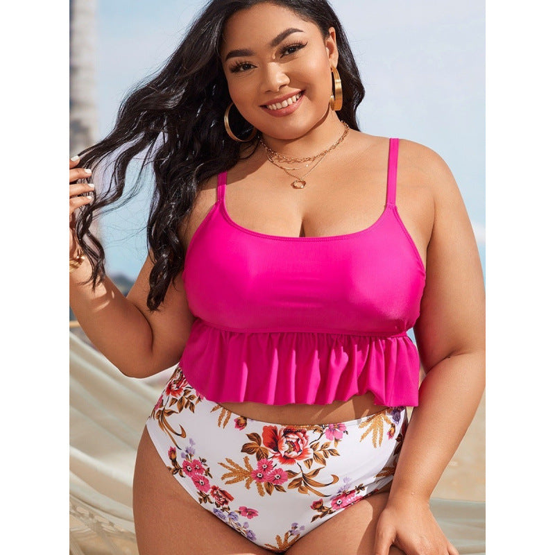 Damen Bikini-Set mit voluminösem Rüschendesign und floralem High-Waist-Slip EB