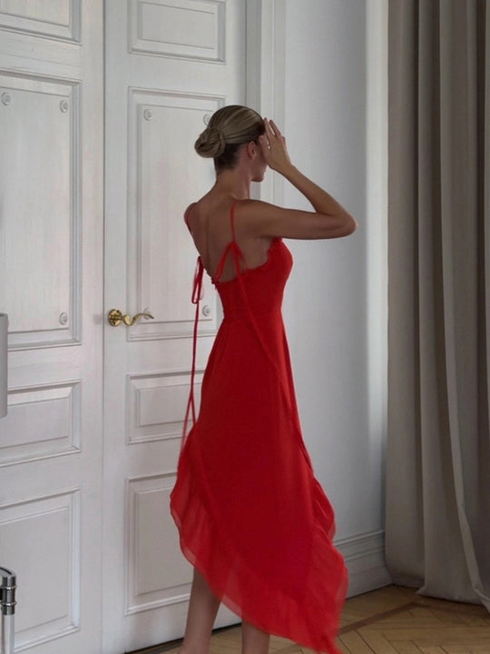 Damen asymmetrisches Abendkleid mit Rüschendetails und Spaghetti-Trägern EB