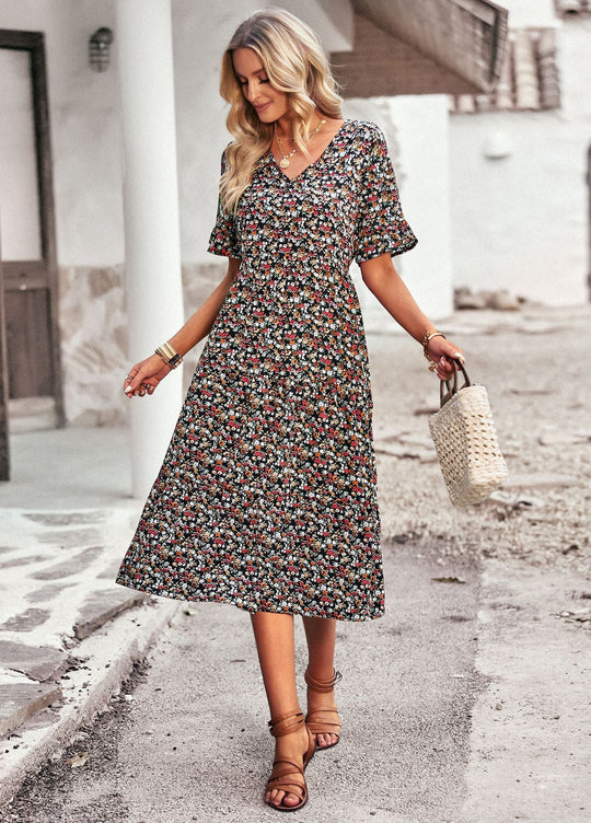 Damen Midi-Kleid mit Floralem Muster und Verspieltem V-Ausschnitt EB