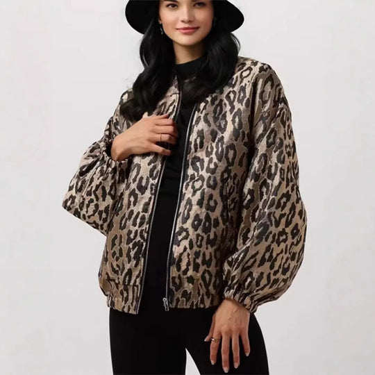 Damen modische Bomberjacke mit Leopardenmuster und elastischen Bündchen EB