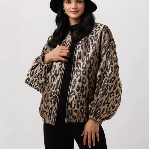 Damen modische Bomberjacke mit Leopardenmuster und elastischen Bündchen EB