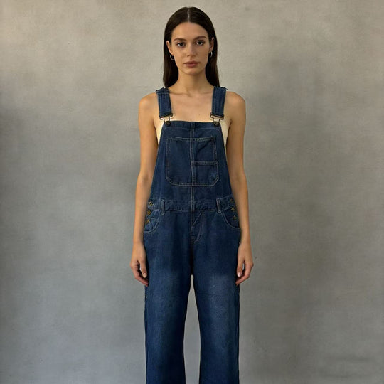 Damen nan weiche Denim-Latzhose mit weitem Bein, verstellbaren Trägern und Pattentasche EB
