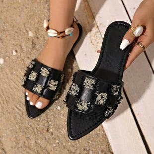 Damen modische Slipper mit stylischem Fransen-Design EB