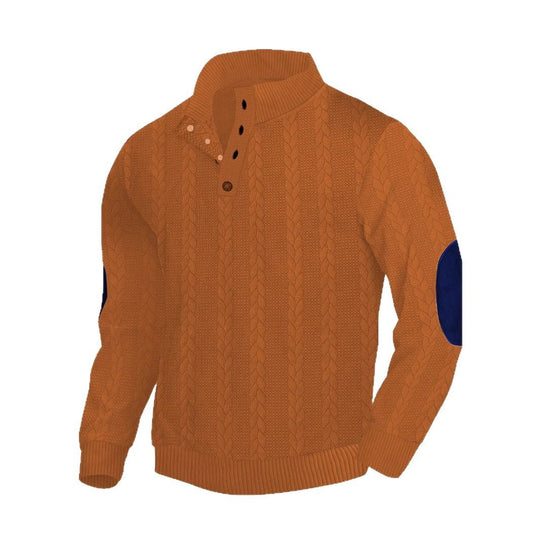 Herren nan lässiger Zopfstrickpullover mit verstärkter Knopfleiste und Wildleder-Ellenbogenpatches EB