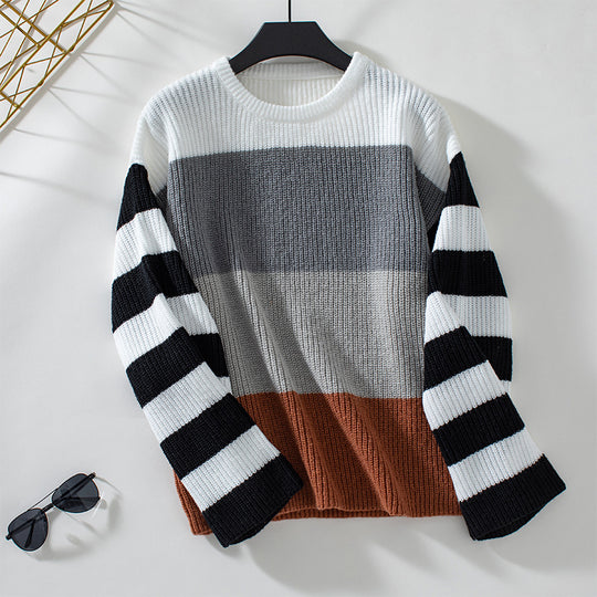 Damen modischer Pullover mit lässigem Streifenmuster und weitem Schnitt EB