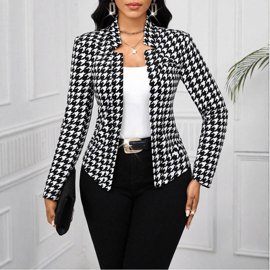 Damen modische Blazerjacke im Hahnentritt-Muster EB