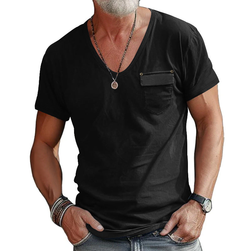 Herren V-Ausschnitt T-Shirt mit dekorativer Brusttasche und attraktiver Struktur EB