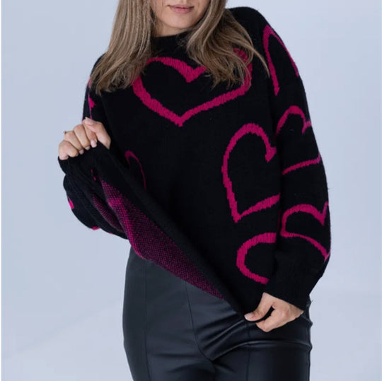 Damen Kuscheliger Jacquard-Pullover mit Herzmotiv und lockerer Oversize-Passform EB