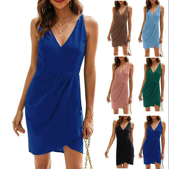 Damen Kurzes Wickelkleid mit V-Ausschnitt und asymmetrischem Saum EB