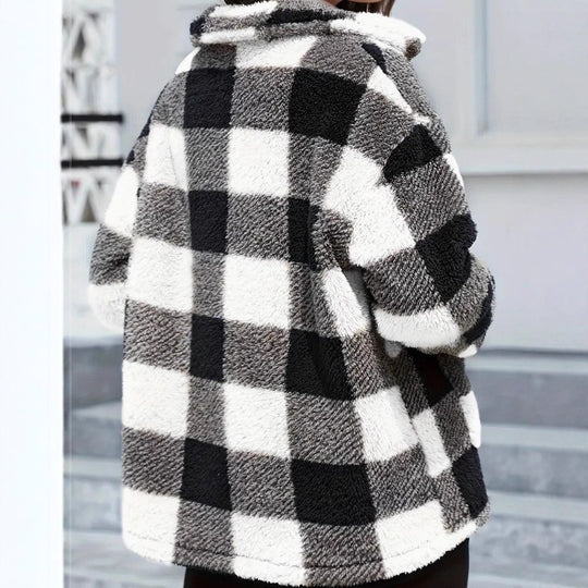 Damen nan gefütterte Karo Teddy-Fleece Shacket mit Knopfleiste und aufgesetzten Taschen EB
