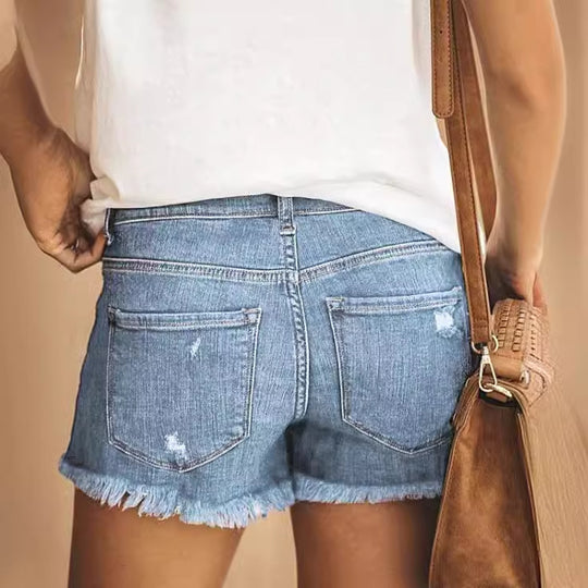 Damen Jeans-Shorts mit fransigen Säumen und distressed Details EB