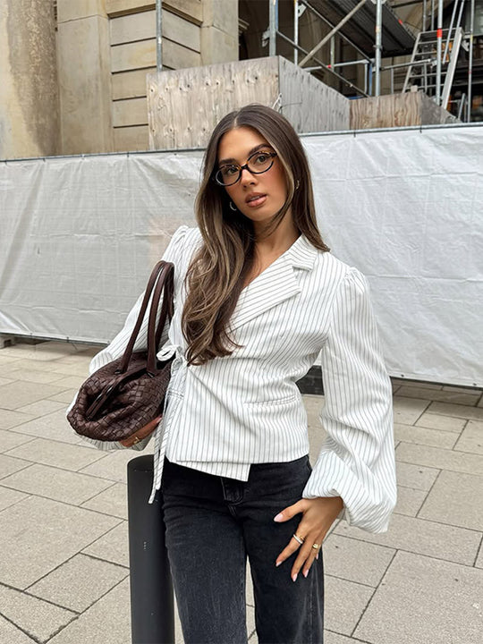 Damen elegante Taillierte Bluse mit voluminösen Ärmeln EB