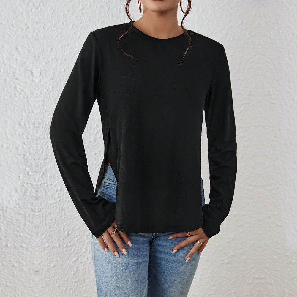 Damen Langarmshirt mit seitlichen Schlitzen, Rundhalsausschnitt und entspannter Casual-Passform Eichborn Berlin