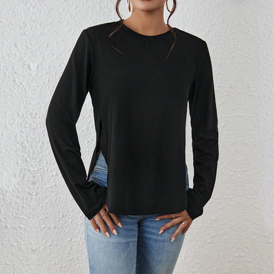 Damen Langarmshirt mit seitlichen Schlitzen, Rundhalsausschnitt und entspannter Casual-Passform Eichborn Berlin