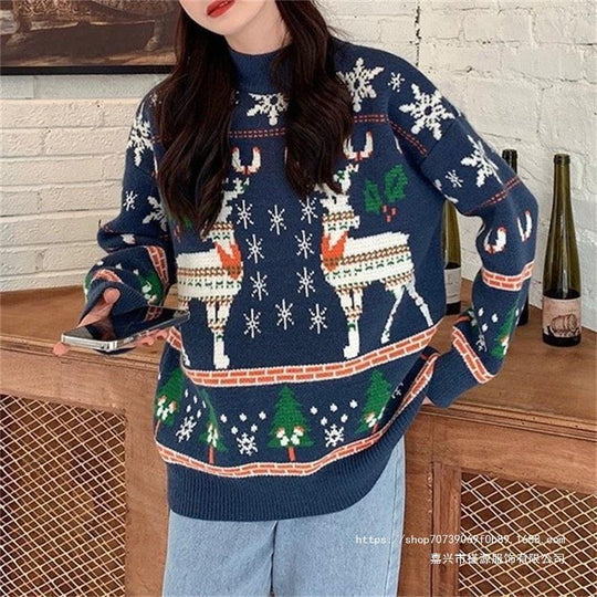 Damen Festlicher Pullover mit 3D-Rentier-Motiv und Hochkragen EB