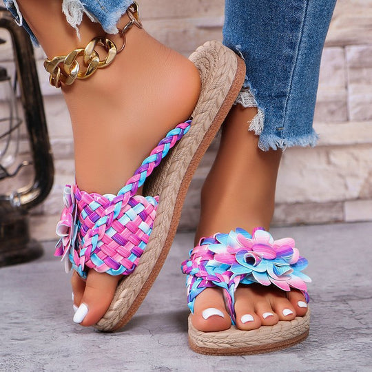 Damen Geflochtene Zehentrenner‑Sandalen mit XXL‑Blütenapplikation und gepolstertem Komfortfußbett EB