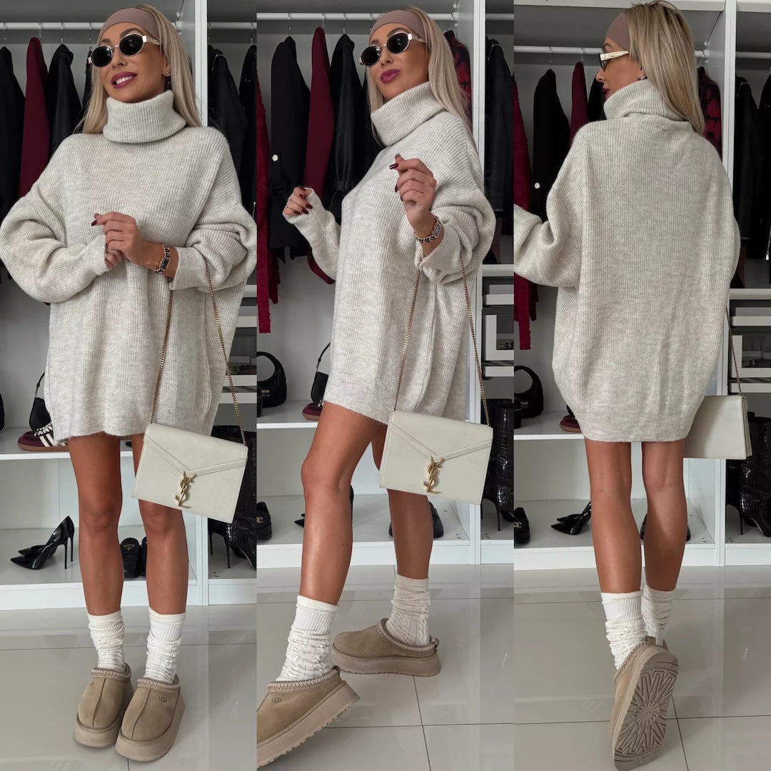Damen Lässiges Oversized Strick-Minikleid mit hohem Rollkragen und Ballonärmeln EB