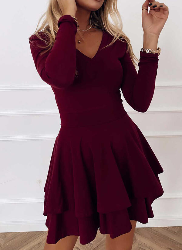 Damen Minikleid mit voluminösen Rüschensaum und V-Ausschnitt EB
