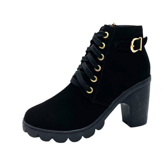 Damen nan elegante Schnür-Stiefelette mit mittlerem Blockabsatz, profilierter Gummilaufsohle und dekorativer Metallschnalle EB