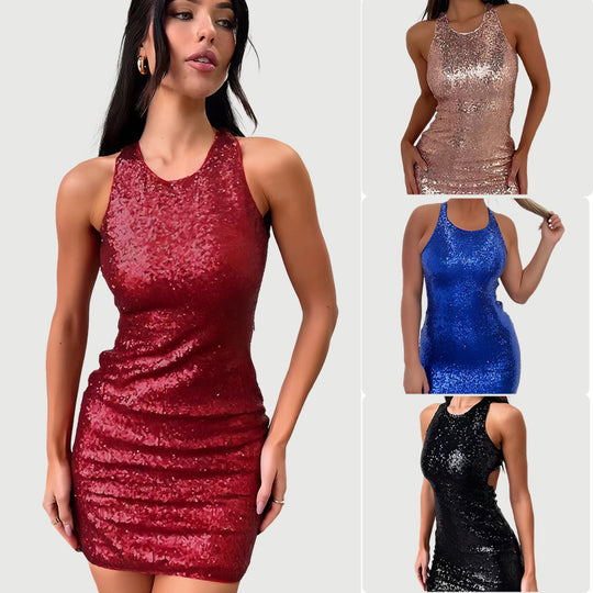 Damen Glitzerndes Minikleid mit schimmerndem Obermaterial und racerback Design EB