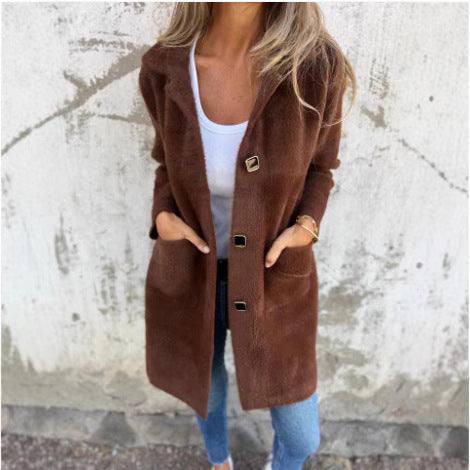 Damen Teddy-Mantel mit Oversize-Kragen, dekorativen Knöpfen und Eingrifftaschen EB