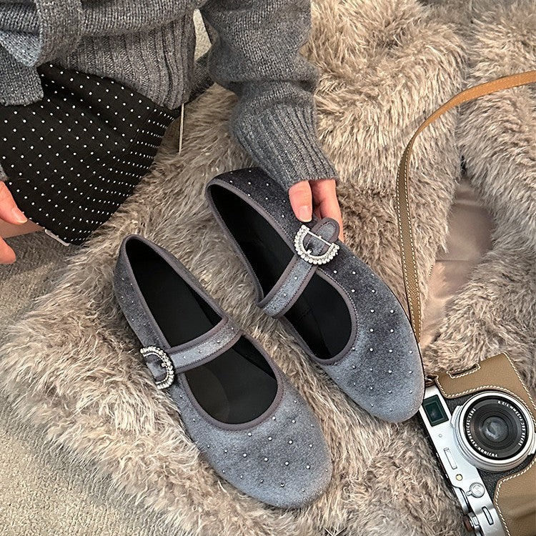 Damen Ballerina-Schuhe mit modischem Riemchen und funkelndem Schmuckdetail EB
