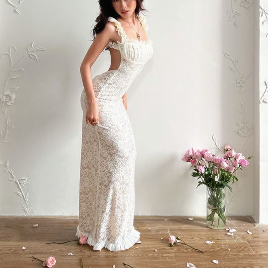 Damen Spitzen-Maxikleid mit Rüschendetails und elegantem Schnitt EB
