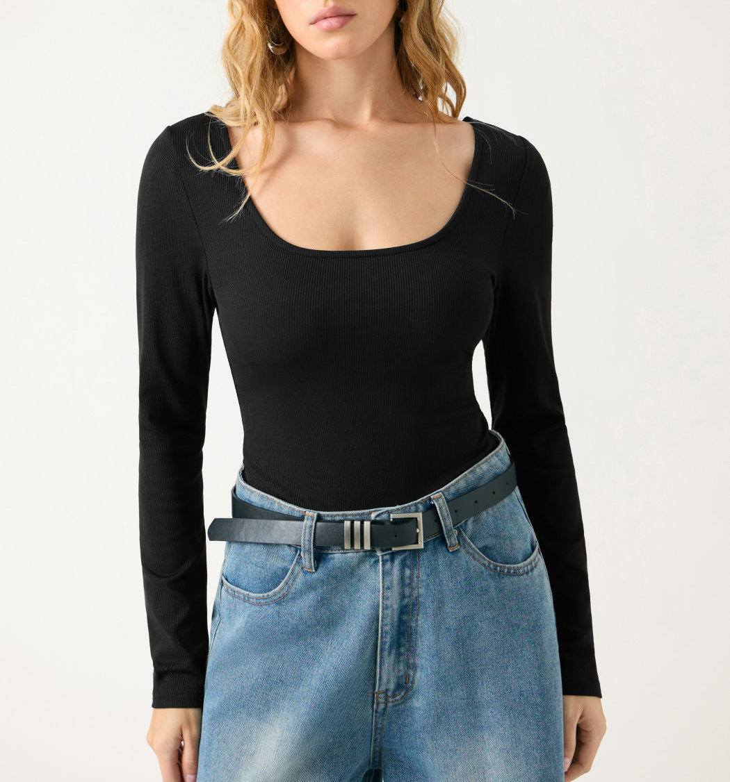 Damen Tailliertes Rippfeinstrick-Longsleeve mit weitem U-Boot-Ausschnitt EB