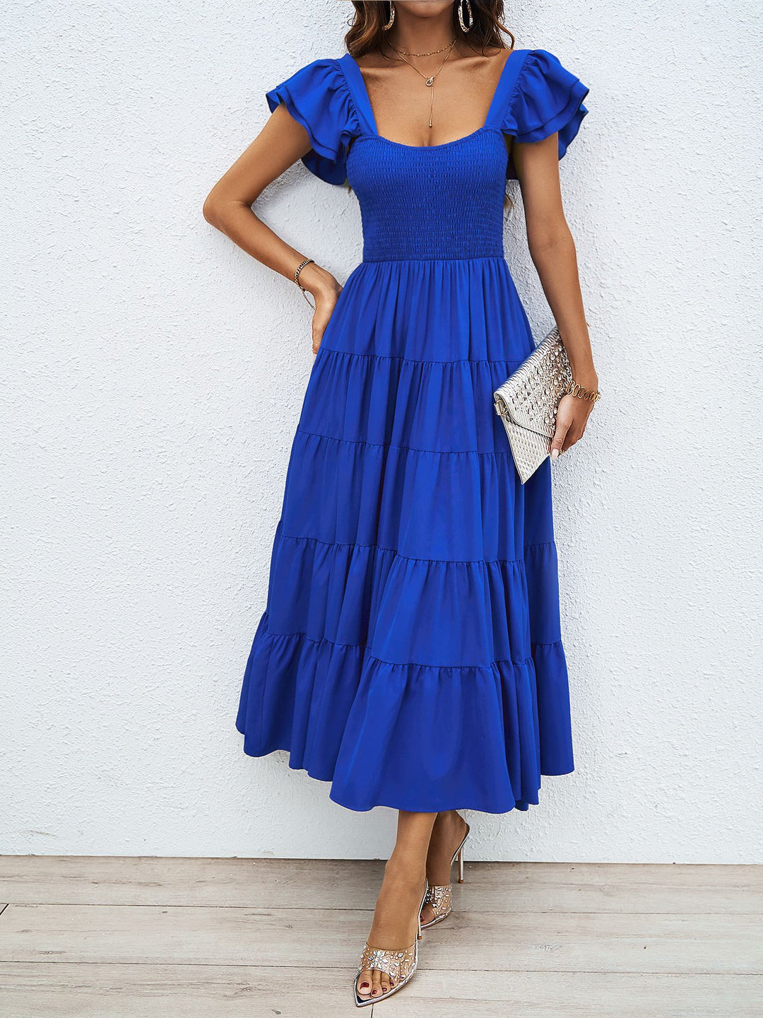Damen Lange Maxikleid mit eleganten Rüschenträgern und gefüttertem Oberteil EB