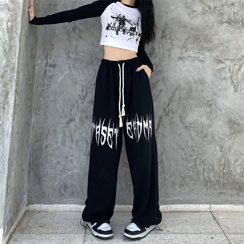 Damen nan weite Oversize-Sweatpants mit Kordelzug und Gothic-Print EB