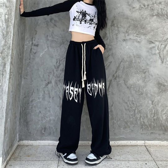 Damen nan weite Oversize-Sweatpants mit Kordelzug und Gothic-Print EB
