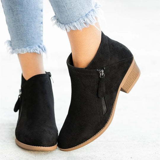 Damen Ankle-Boots aus Velourslederoptik mit seitlichem Zipper und mittelhohem Blockabsatz EB