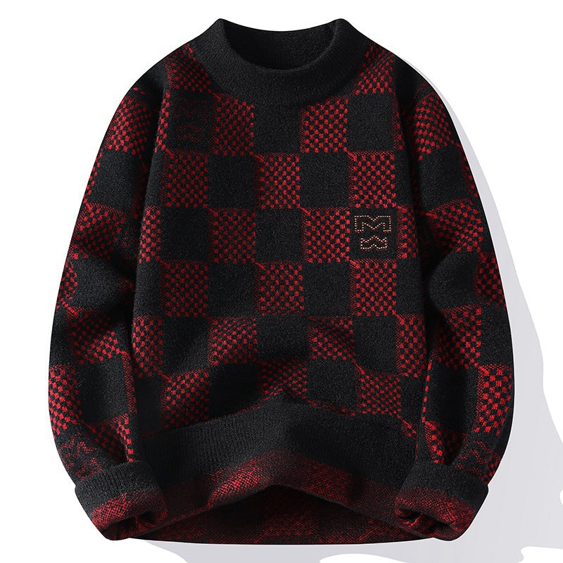 Herren nan karierter Oversize-Strickpullover mit Rundhalsausschnitt, weichem Feinstrick und strukturierter Jacquard-Musterung EB