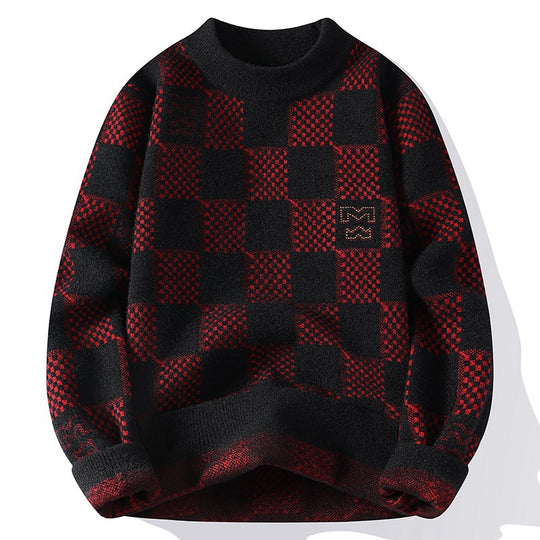 Herren nan karierter Oversize-Strickpullover mit Rundhalsausschnitt, weichem Feinstrick und strukturierter Jacquard-Musterung EB